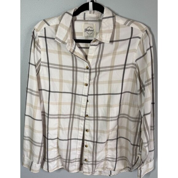 JACHS Girlfriend Womens White Plaid Button Up Shirt Shaket Small Casual Pocket - Picture 1 of 12